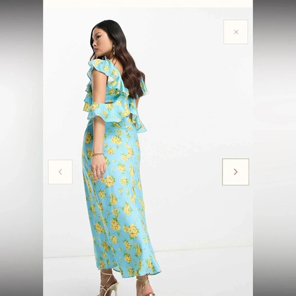 Asos Design Petite Satin Midaxi Dress With Multi Flutter Sleeves In Blue Floral - Picture 2 of 10